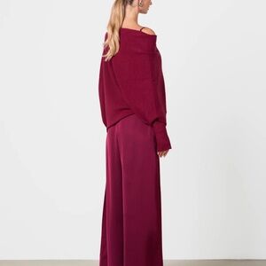 Chic Wine Wide-Leg Pants and Asymmetrical sweater set